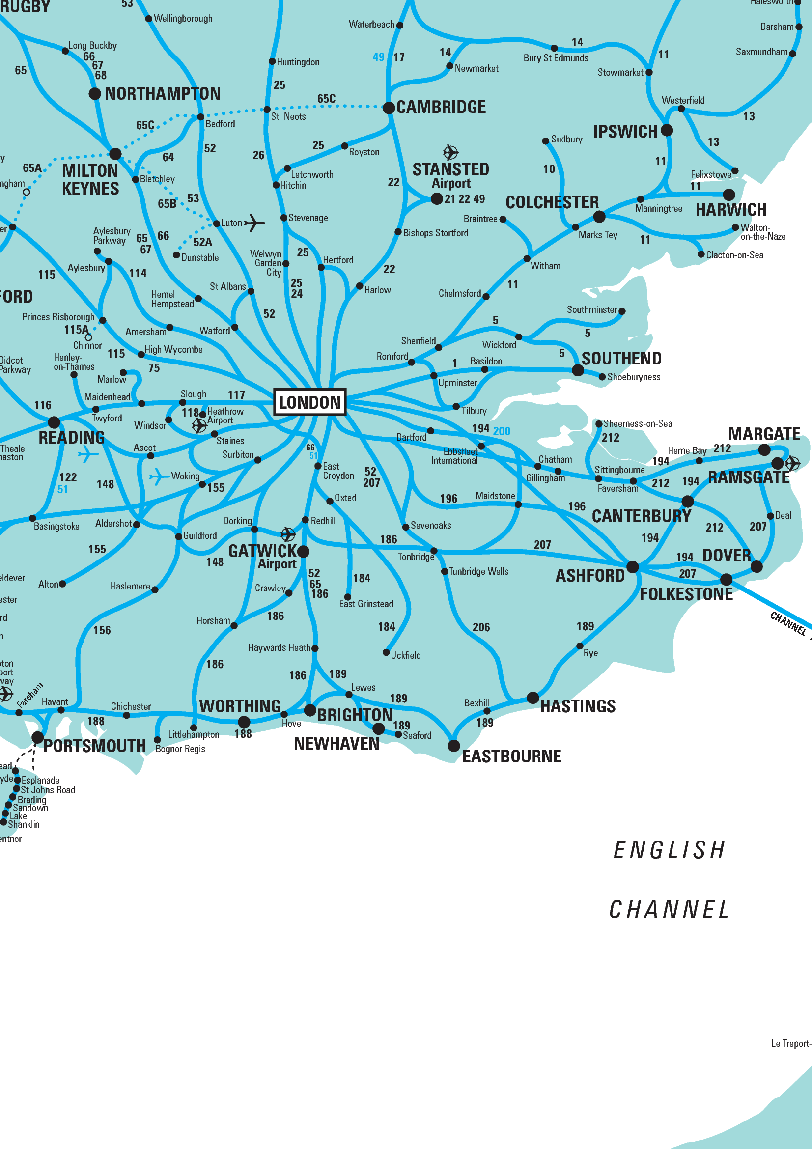 Rail map of the south-east of England