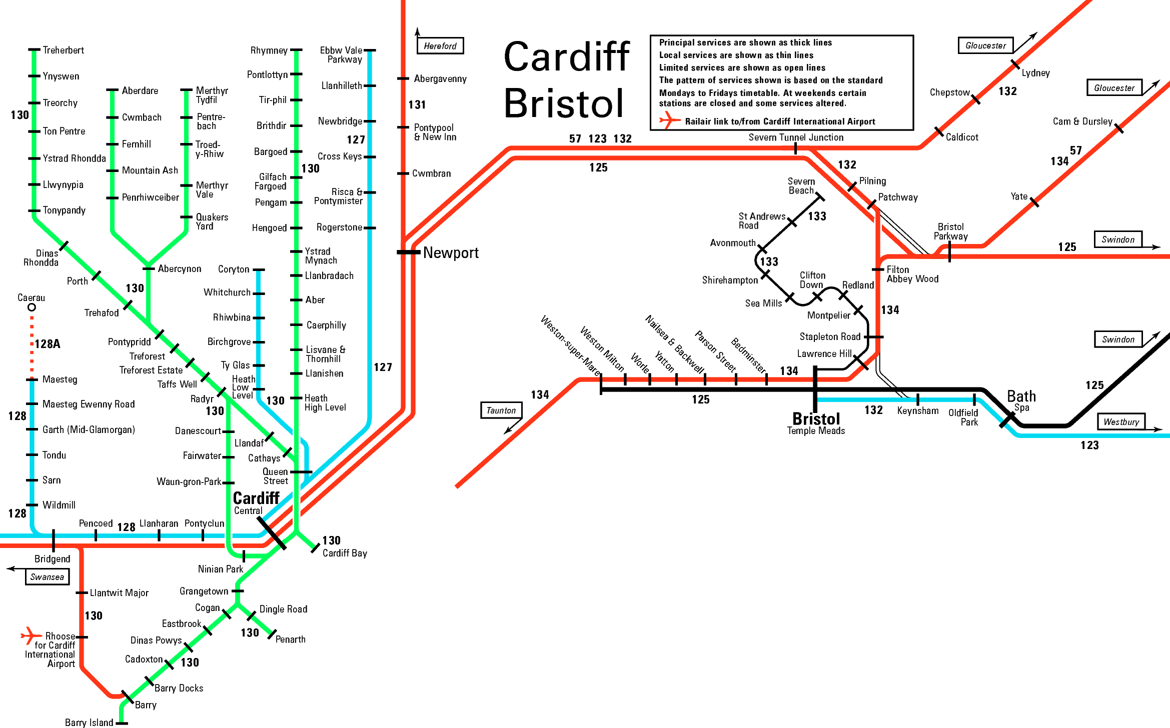 Rail map of Bristol and Cardiff