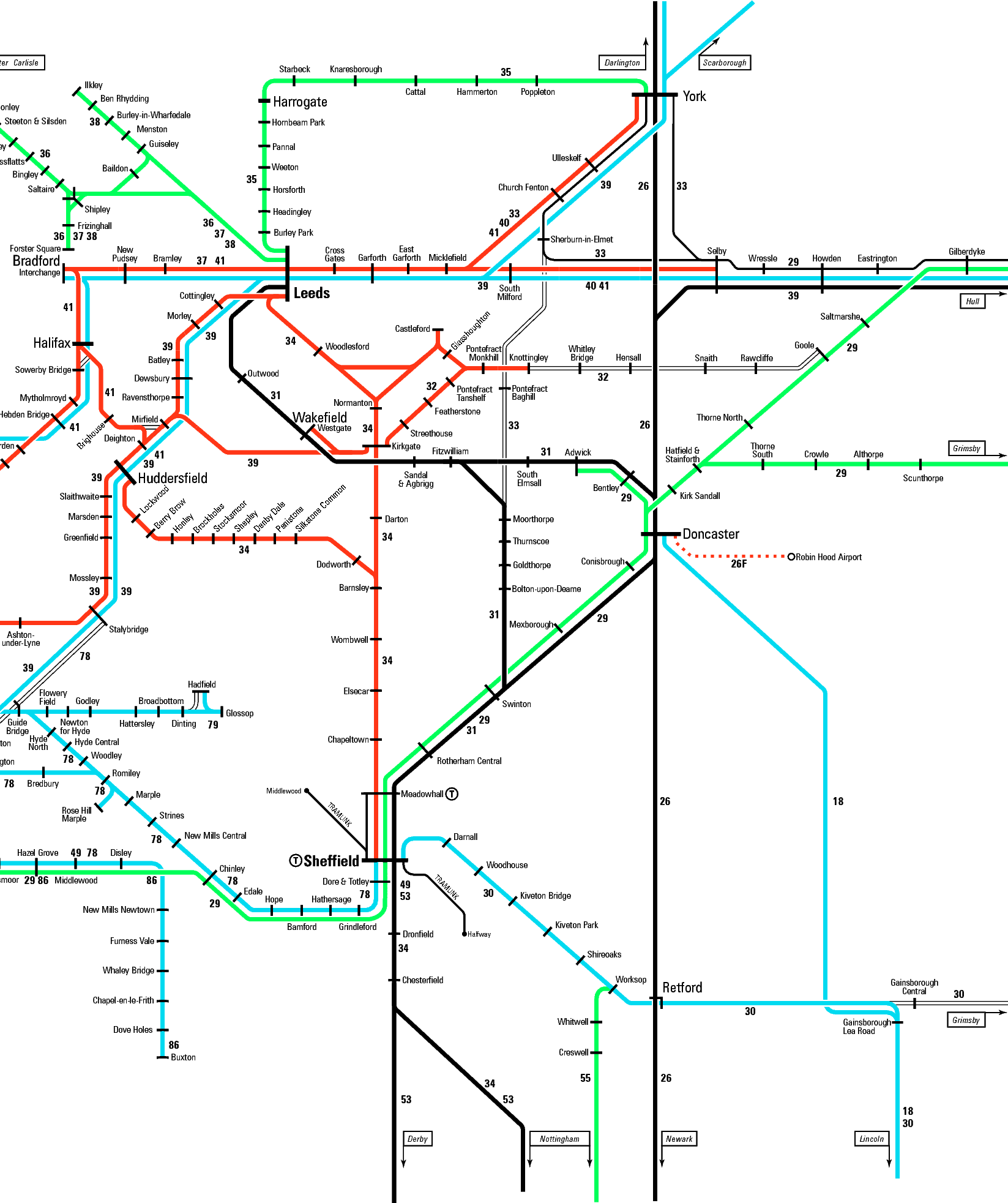 Rail map of Sheffield and Leeds