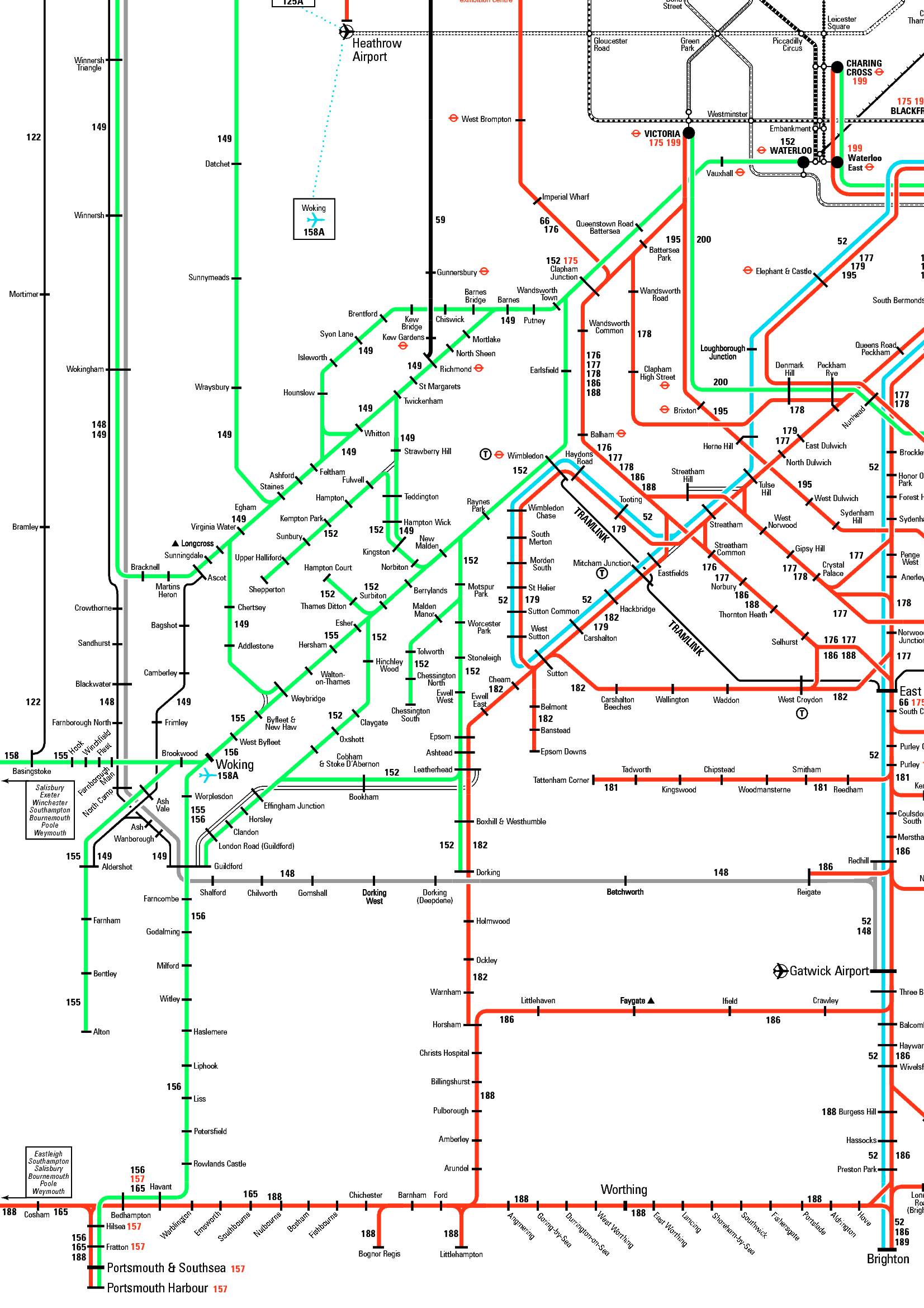 Rail map of Woking and Gatwick